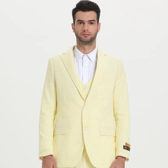 Mens Vested Summer Seersucker Suit in Yellow Pinstripe - Picture 1 of 2